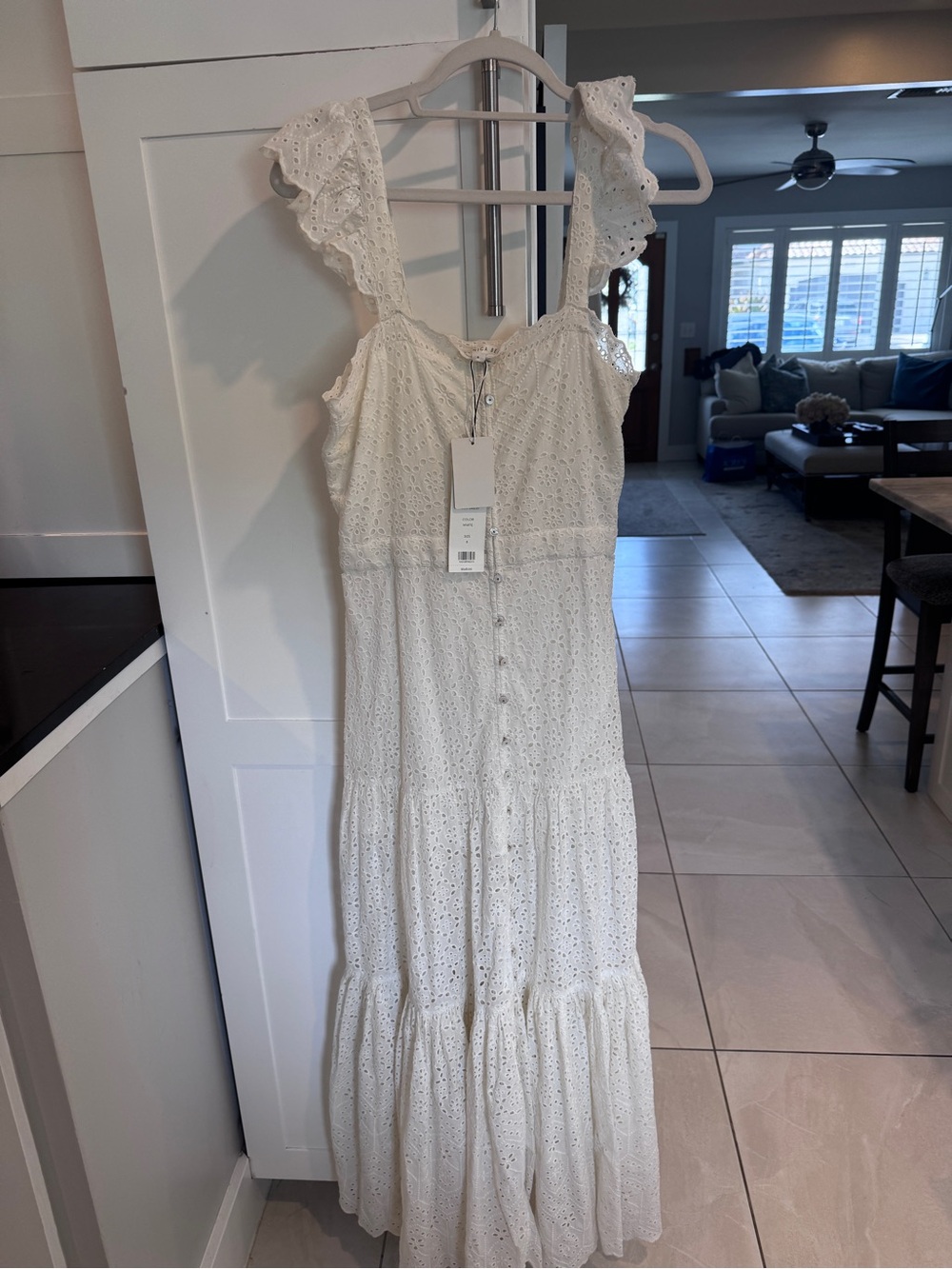 Veronica Beard White Eyelet Ruffle-Strap Maxi Dress